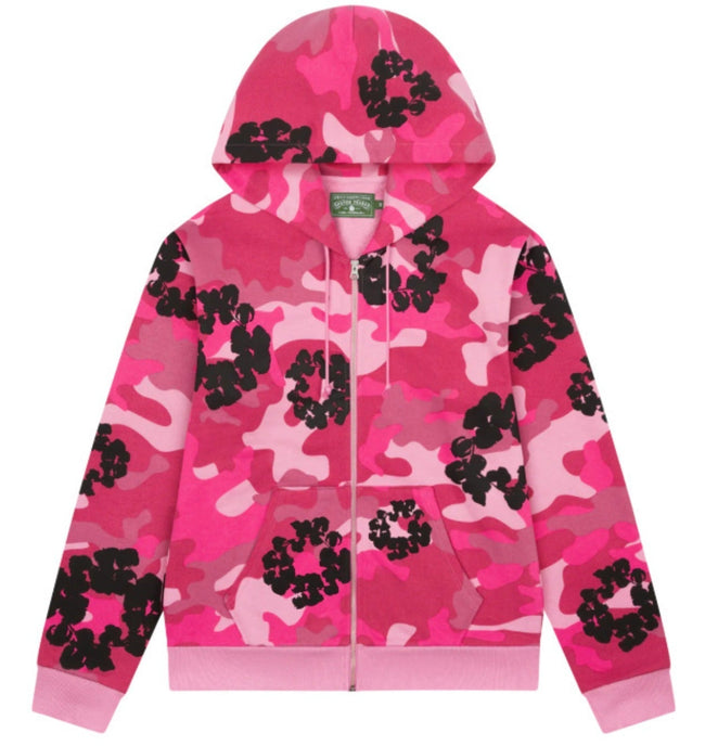 Denim Tears Hot Pink Camo Black Floral All Over Print Zip Up Hoodie Hover Image