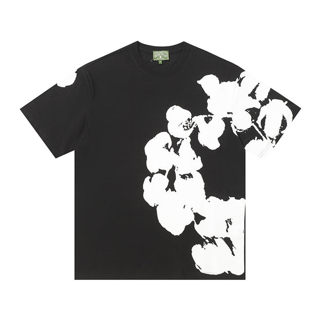 Denim Tears Black Oversized Short Sleeve T-Shirt With Asymmetrical White Floral Print Hover Image