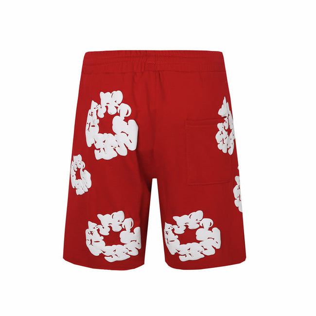 Denim Tears Red Cotton Sweat Shorts With White Textured Flower Wreath Print Hover Image