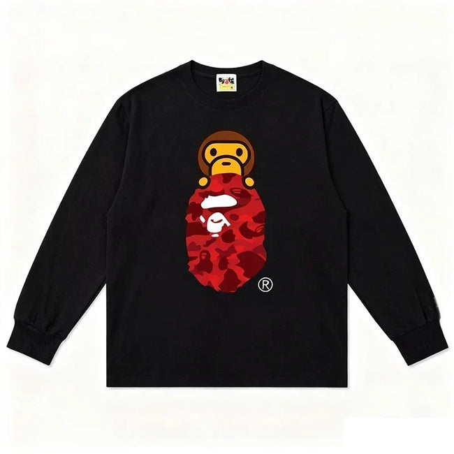 BAPE Style Baby Milo Peeking on Camo Ape Head Long-Sleeve Tee - Black/Red Hover Image