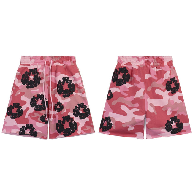 Denim Tears Pink Camo Mesh Basketball Shorts With All Over Black Flower Wreath Print Hover Image