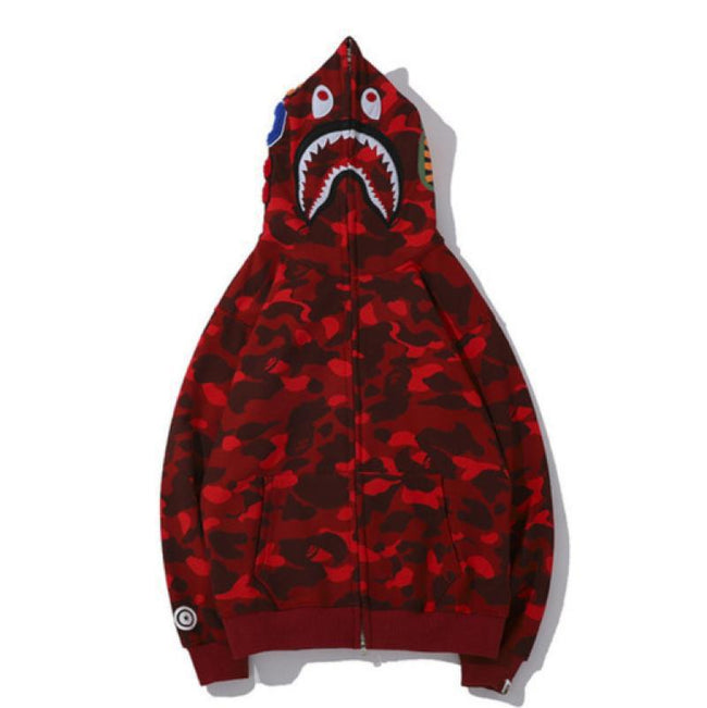 BAPE Fall Winter Shark Red Camo Full‑Zip Hoodie Hover Image