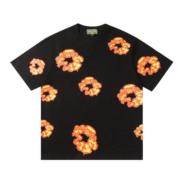 Denim Tears Black Oversized Tee With All Over Gradient Orange Flower Wreath Print Main Image