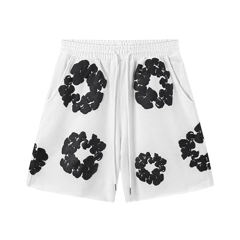 Denim Tears White‑Base Black Cotton Wreath Print Casual Shorts
