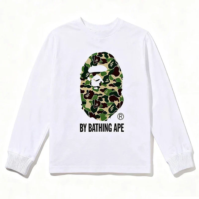 BAPE Style "BY BATHING APE" Camo Ape Head Long-Sleeve Tee - White/Green Hover Image