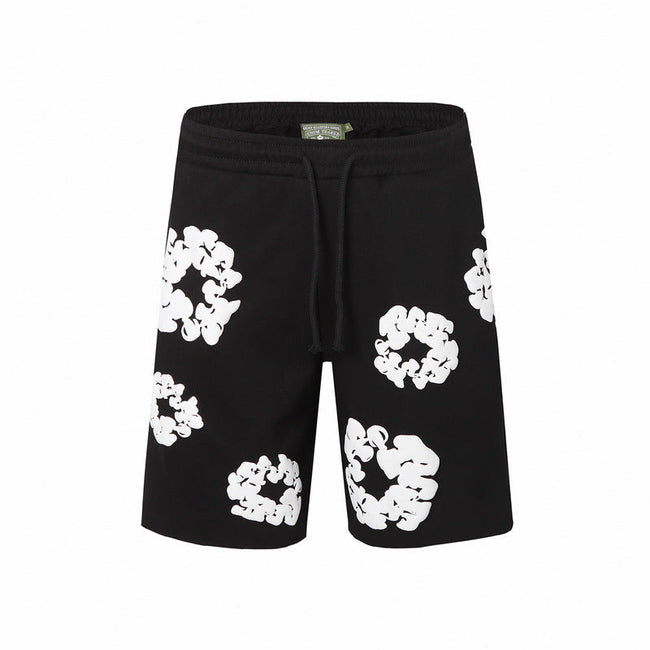 Denim Tears Black Cotton Sweat Shorts With White Textured Flower Wreath Print Hover Image