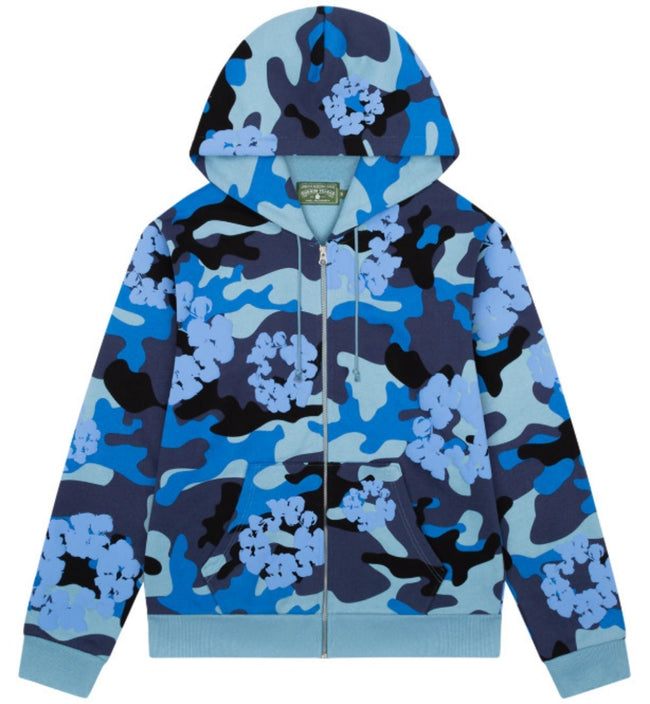 Denim Tears Blue Camo Floral Print Full Zip Hoodie Hover Image